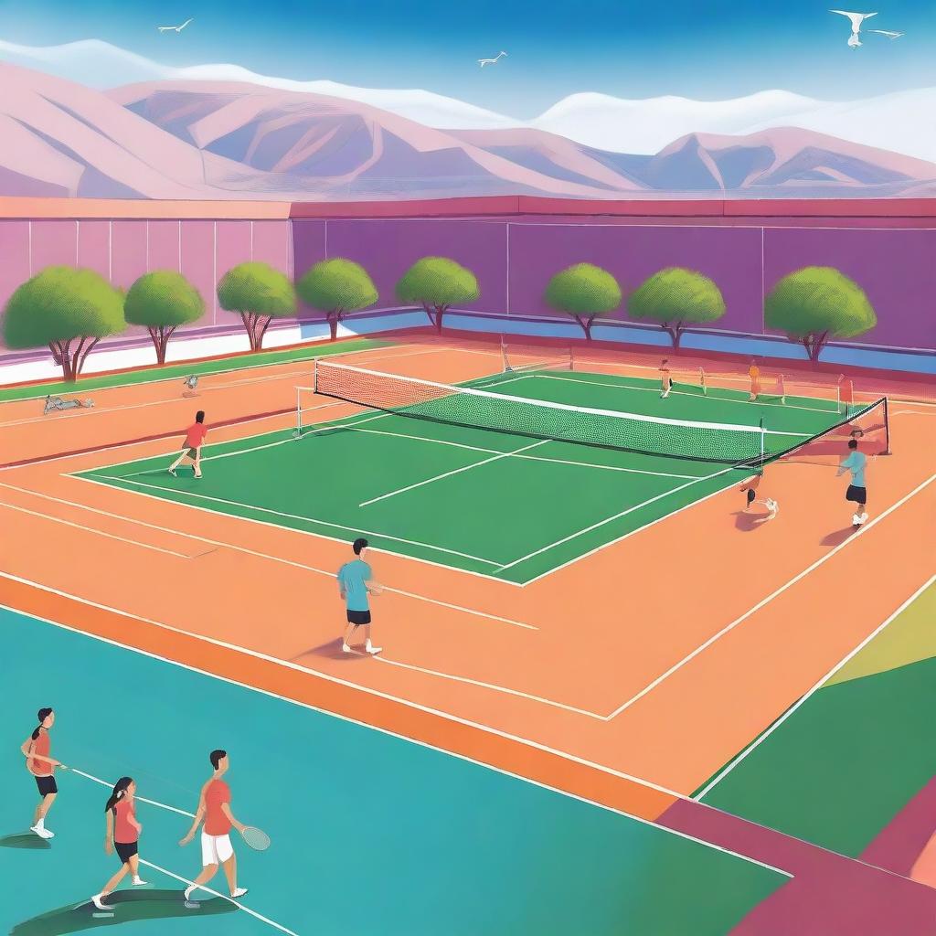 A vibrant and energetic scene of a badminton training camp in 2024, set in Turkey