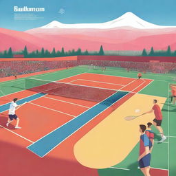 A vibrant and energetic scene of a badminton training camp in 2024, set in Turkey