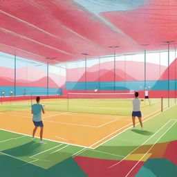 A vibrant and energetic scene of a badminton training camp in 2024, set in Turkey