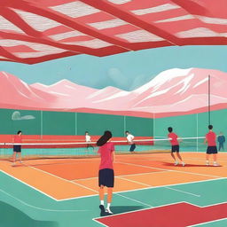 A vibrant and energetic scene of a badminton training camp in 2024, set in Turkey