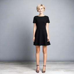 A girl with short blonde hair wearing a short black dress