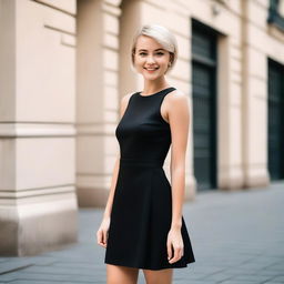 A girl with short blonde hair wearing a short black dress