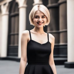 A girl with short blonde hair wearing a short black dress