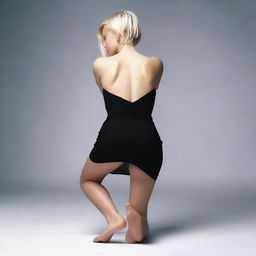 A girl with short blonde hair in a short black dress, on her hands and knees, arching her back so her bum sticks up