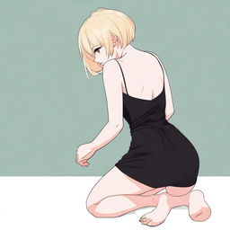 A girl with short blonde hair in a short black dress, on her hands and knees, arching her back so her bum sticks up