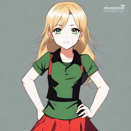 A small-statured blonde girl with green eyes, wearing a red miniskirt and a black top