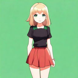 A small-statured blonde girl with green eyes, wearing a red miniskirt and a black top