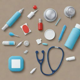 A high-definition, cartoon-styled image featuring various medical items including a stethoscope, a pill box, and a syringe.