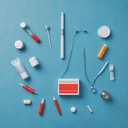 A high-definition, cartoon-styled image featuring various medical items including a stethoscope, a pill box, and a syringe.