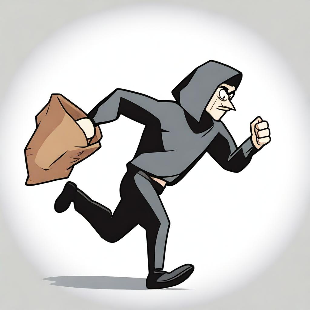 A side view of a cartoon-style thief running with a sack over his shoulder