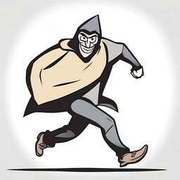 A side view of a cartoon-style thief running with a sack over his shoulder