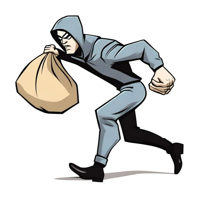 A side view of a cartoon-style thief running with a sack over his shoulder