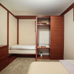 A medium-sized room furnished with a bed, a table, and two cupboards: one stationary and one movable. Situate the bathroom next to the entrance door.