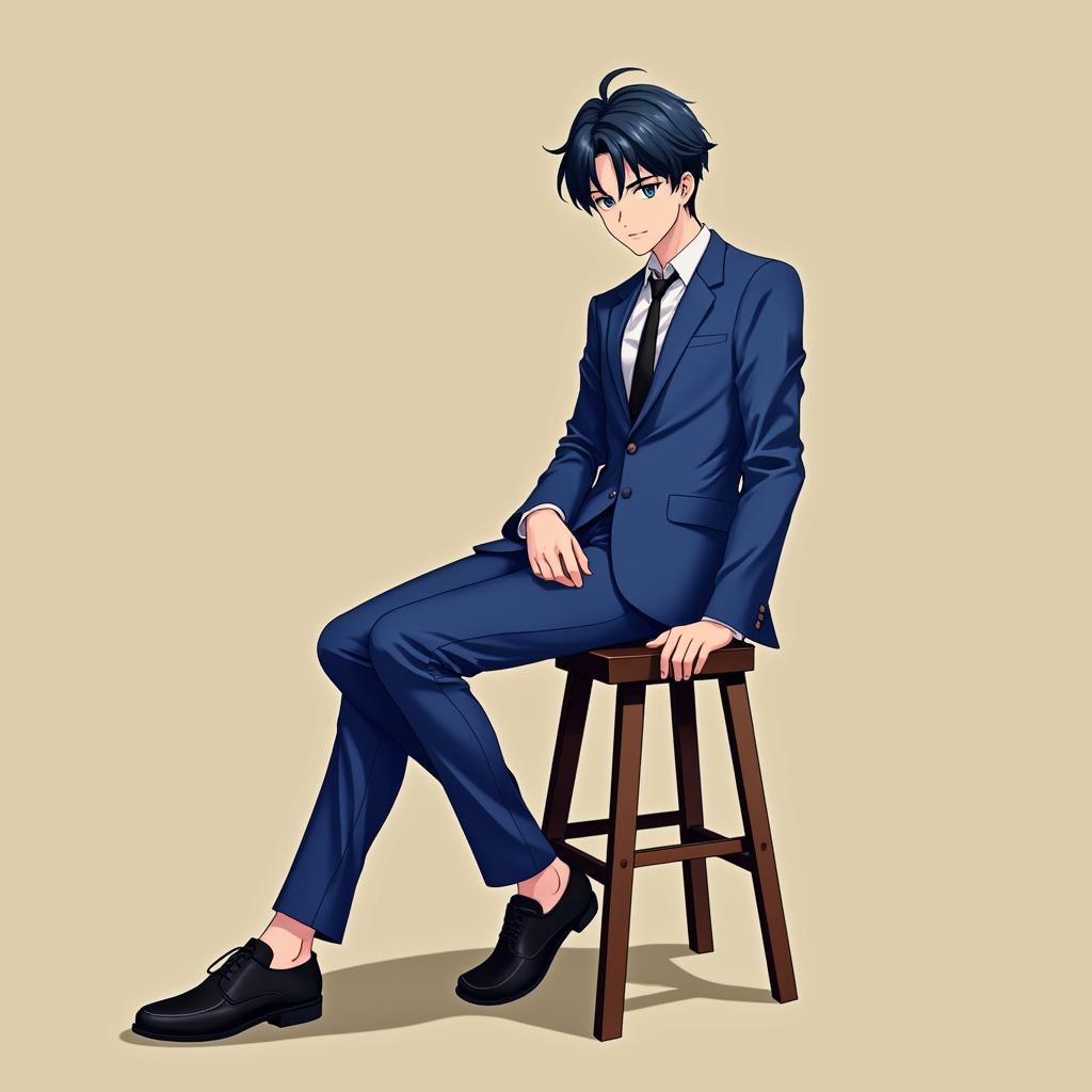 A cartoon/anime-style HD image of a man in a blue suit sitting on a wooden stool, blending realistic elements with anime characteristics and a vibrant color palette