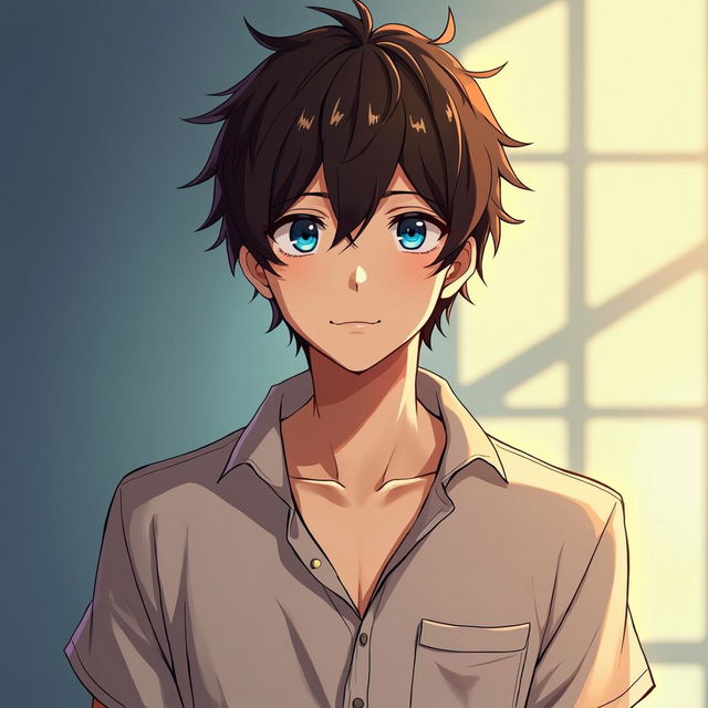 A cartoon/anime-style HD image of a man with dark brown hair and blue eyes, standing and shown from the waist up, blending realistic elements with anime characteristics and a vibrant color palette