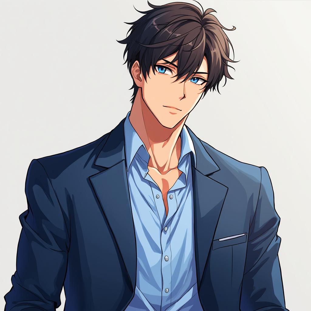 A cartoon/anime-style HD image of a more masculine man with dark brown hair and blue eyes, standing and shown from the waist up, wearing a navy blue suit with a light blue dress shirt, blending realistic elements with anime characteristics and a vibrant color palette