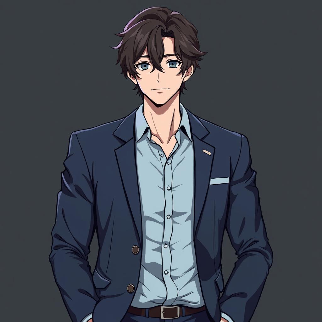 A cartoon/anime-style HD image of a more masculine man with dark brown hair and light-grey blue eyes, standing and shown from the waist up, wearing a navy blue suit with a light blue dress shirt, with a darker background