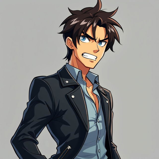 A cartoon/anime-style HD image of a more masculine man with dark brown hair and blue eyes, standing and shown from the waist up, wearing a black leather jacket with a light blue dress shirt, and a fierce facial expression