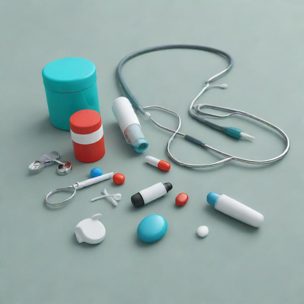 A high-definition, cartoon-styled image featuring various medical items including a stethoscope, a pill box, and a syringe.