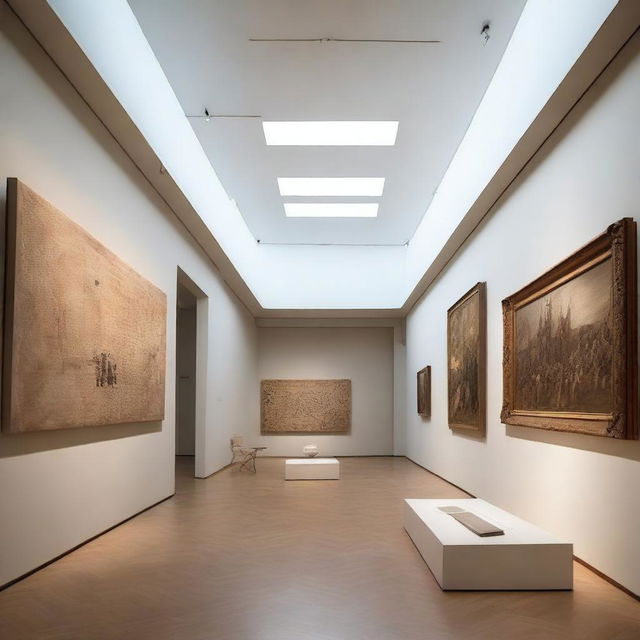 Diseña el interior de un museo con espacios amplios y modernos, exhibiciones de arte contemporáneo y clásico, iluminación suave y elegante, y detalles arquitectónicos impresionantes