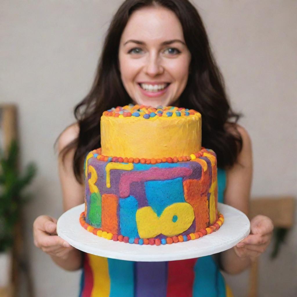 A person joyously holding a radiant birthday cake with 'Dendi' written on it in colorful icing.