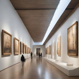 Diseña el interior de un museo con espacios amplios y modernos, exhibiciones de arte contemporáneo y clásico, iluminación suave y elegante, y detalles arquitectónicos impresionantes