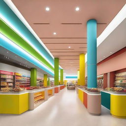 Diseña el interior de un centro comercial con colores neutros