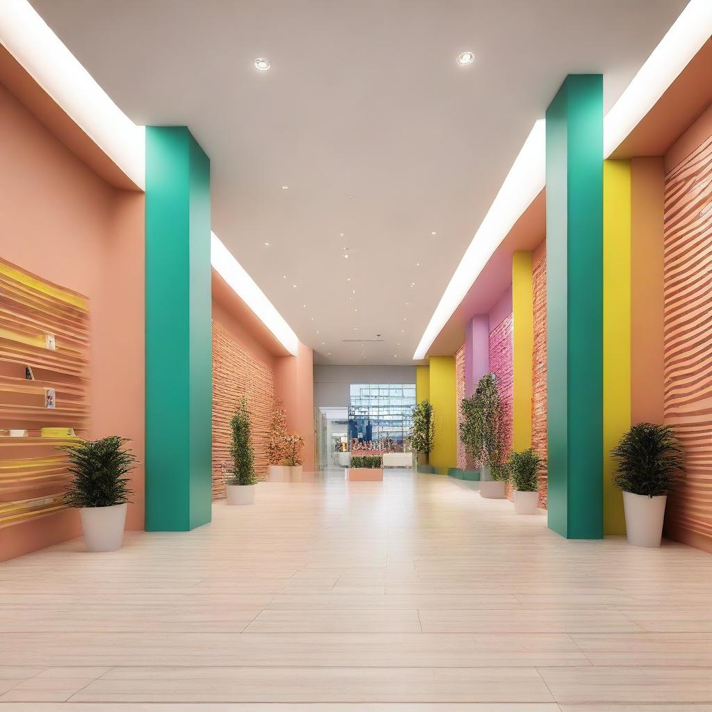 Diseña el interior de un centro comercial con colores neutros