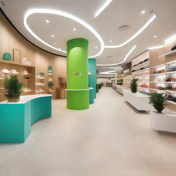 Diseña el interior de un centro comercial con colores neutros