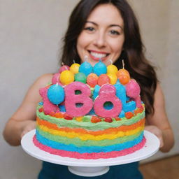 A person joyously holding a radiant birthday cake with 'Dendi' written on it in colorful icing.