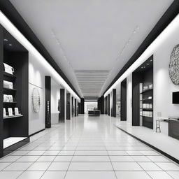 Diseña el interior de un centro comercial utilizando colores neutros como gris, negro y blanco