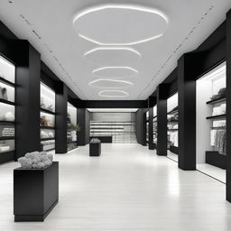 Diseña el interior de un centro comercial utilizando colores neutros como gris, negro y blanco