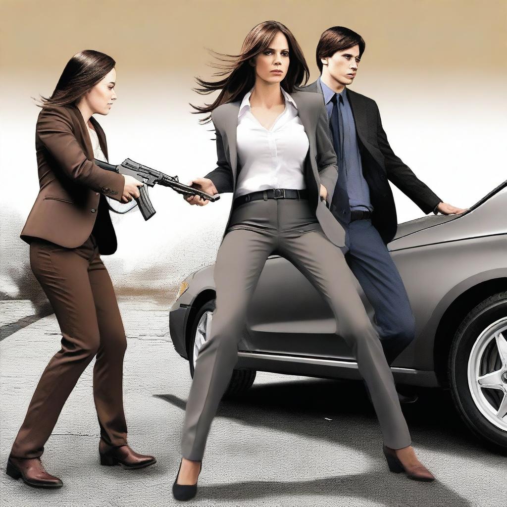 A lady in female business attire, representing a department director, is ambushed by two males in a pickup truck using AK-47s