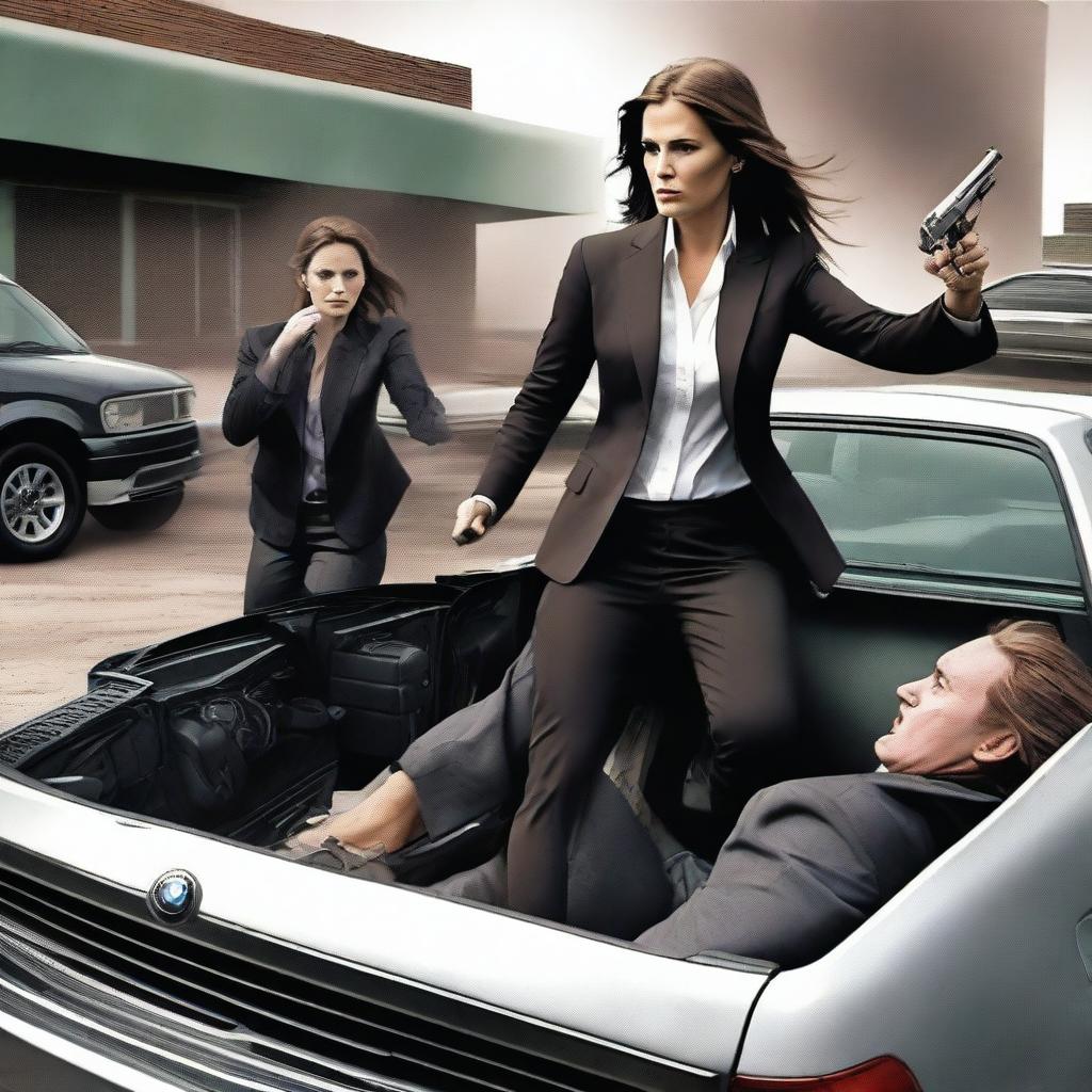 A lady in female business attire, representing a department director, is ambushed by two males in a pickup truck using AK-47s