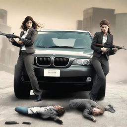 A lady in female business attire, representing a department director, is ambushed by two males in a pickup truck using AK-47s