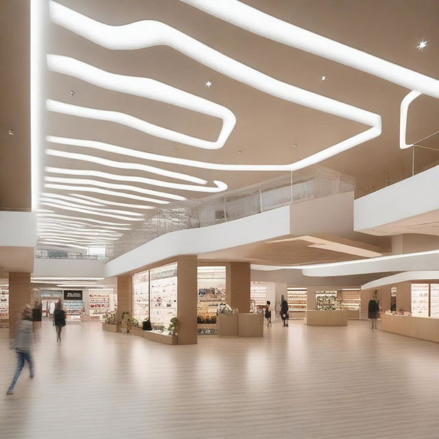 Diseña el interior de un centro comercial con espacios amplios y modernos