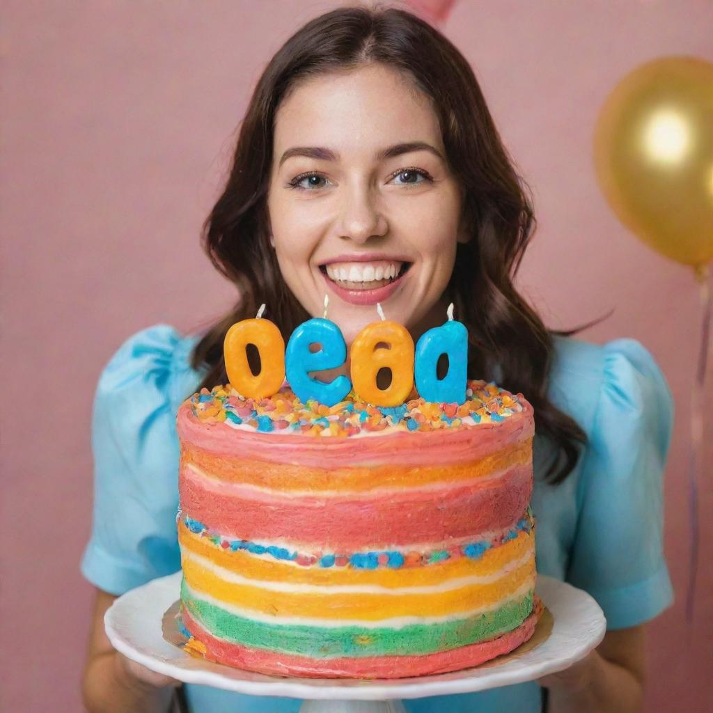 A person joyously holding a radiant birthday cake with 'Dendi' written on it in colorful icing.