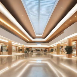 Diseña el interior de un centro comercial con espacios amplios y modernos