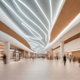 Diseña el interior de un centro comercial con espacios amplios y modernos