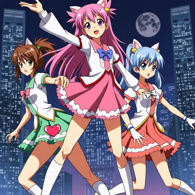 A high-definition illustration of the Tokyo Mew Mew characters in a vibrant, dynamic pose with a futuristic Tokyo cityscape background