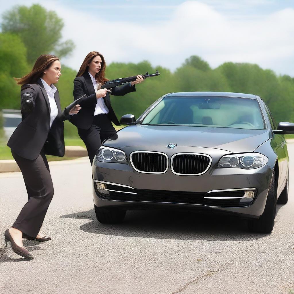 A lady in female business attire, representing a department director, is ambushed by two males in a pickup truck using AK-47s