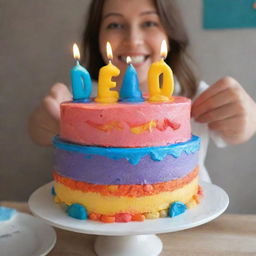 A person joyously holding a radiant birthday cake with 'Dendi' written on it in colorful icing.