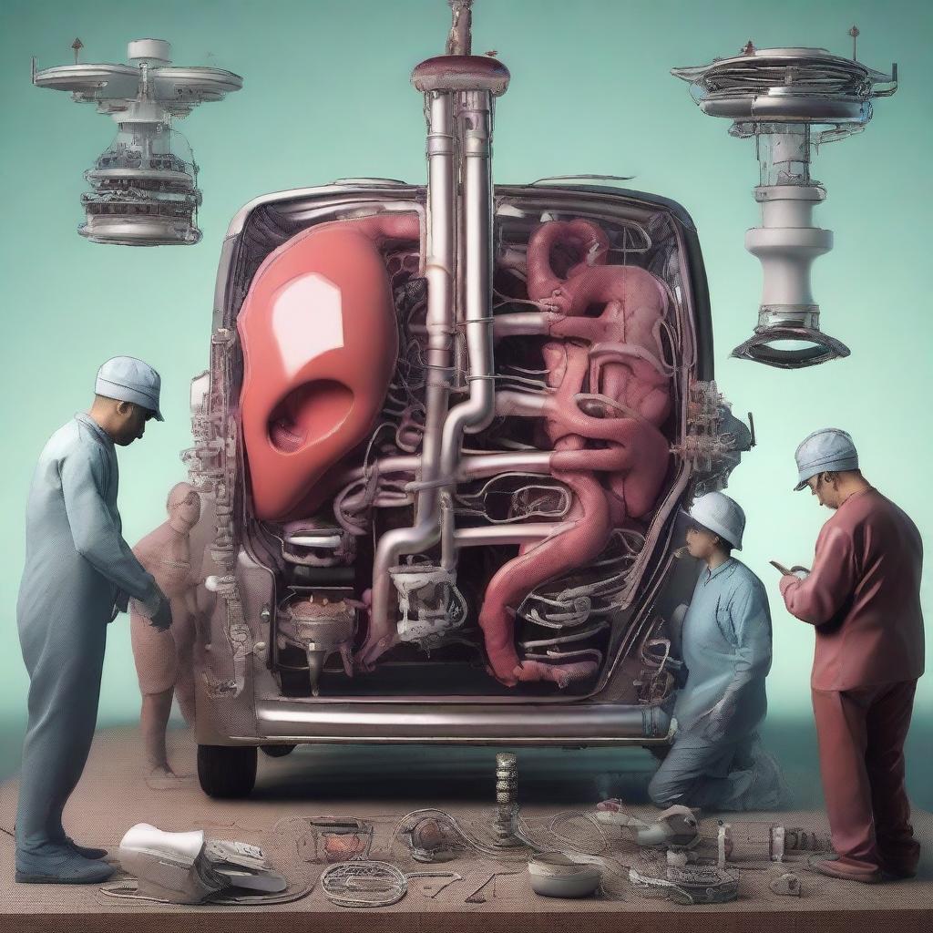 A surreal and abstract image depicting the internal organs of a car being repaired as if they were human organs