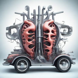 A surreal and abstract image depicting the internal organs of a car being repaired as if they were human organs