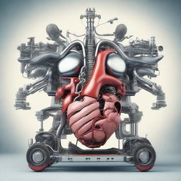 A surreal and abstract image depicting the internal organs of a car being repaired as if they were human organs