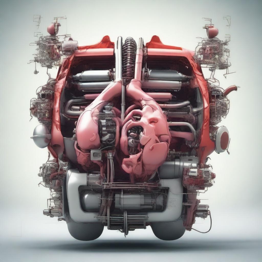 A surreal and abstract image depicting the internal organs of a car being repaired as if they were human organs