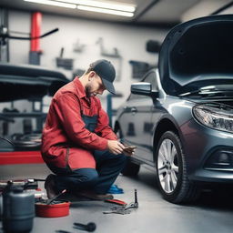 A detailed and realistic image of a mechanic performing car maintenance in a well-equipped garage