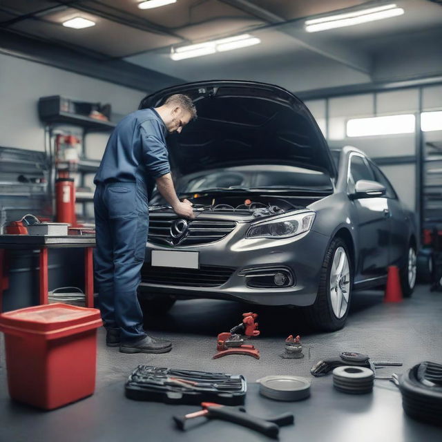 A detailed and realistic image of a mechanic performing car maintenance in a well-equipped garage