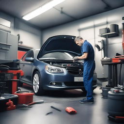 A detailed and realistic image of a mechanic performing car maintenance in a well-equipped garage