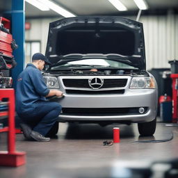 A detailed and realistic image of a mechanic performing car maintenance in a well-equipped garage